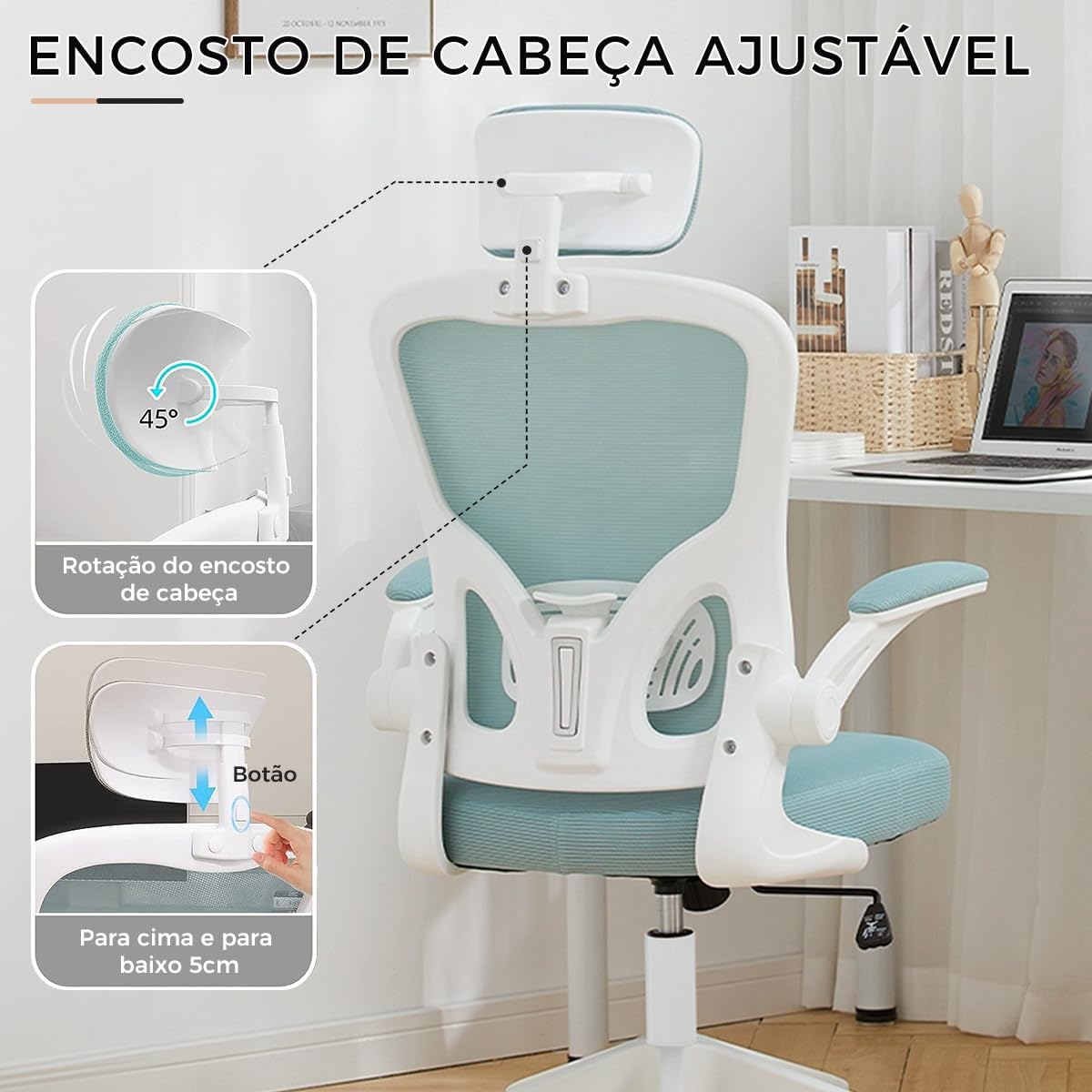Cadeira de escritório ergonômica com estofado de mesh(Preto)