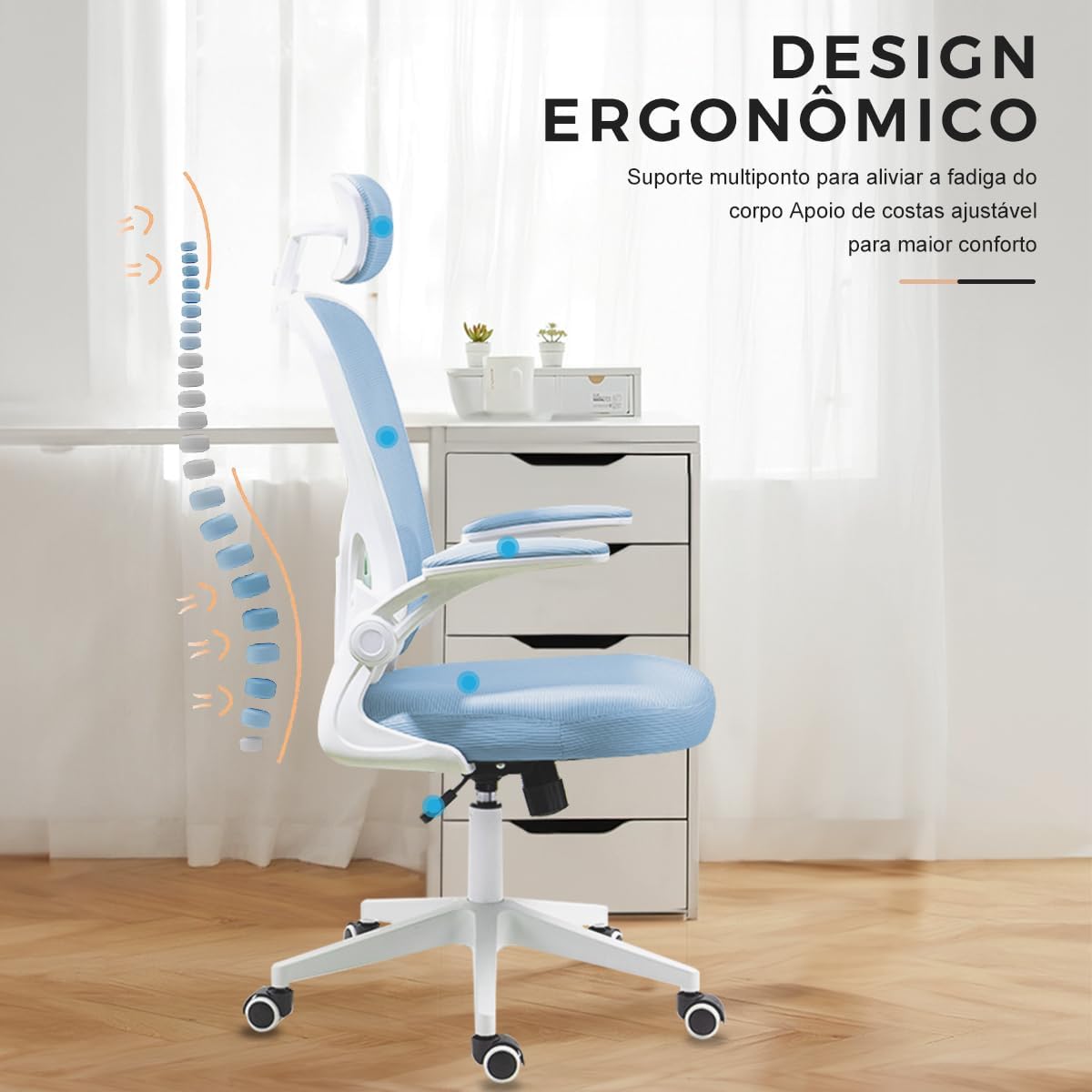 Cadeira de escritório ergonômica com estofado de mesh(Preto)