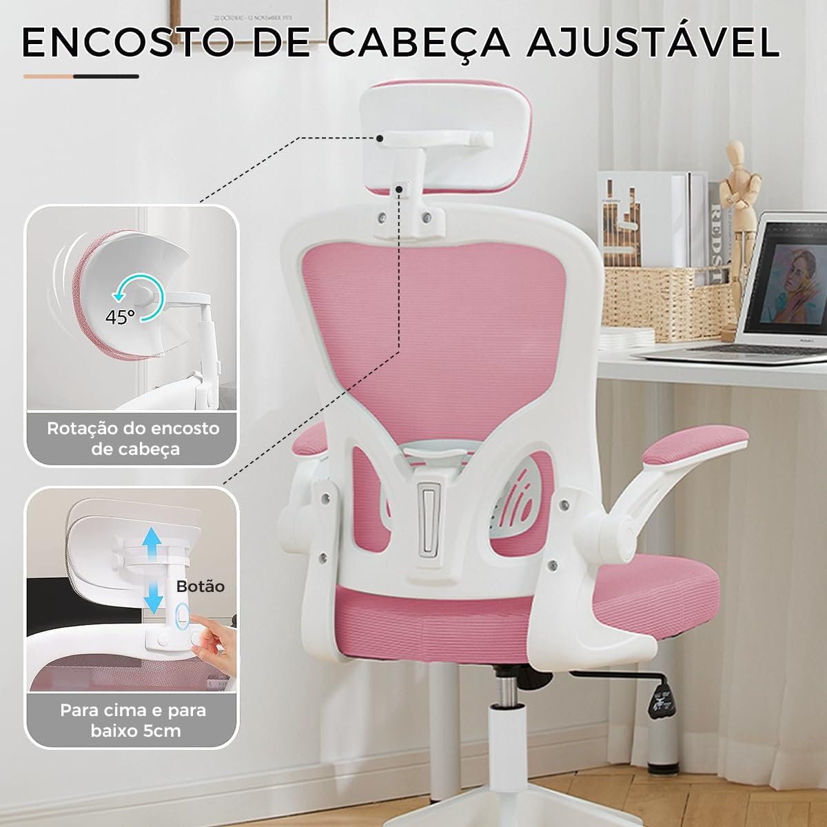 Cadeira de escritório ergonômica com estofado de mesh(Preto)
