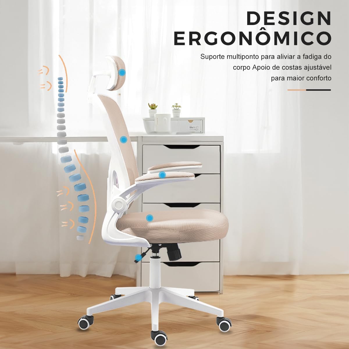 Cadeira de escritório ergonômica com estofado de mesh(Preto)