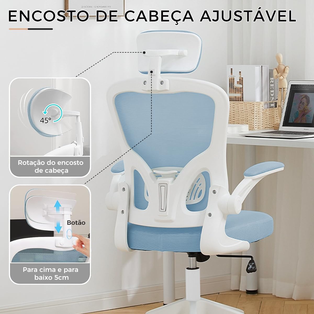 Cadeira de escritório ergonômica com estofado de mesh(Preto)