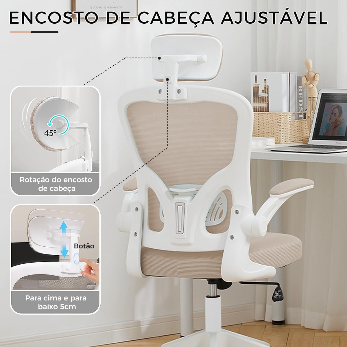 Cadeira de escritório ergonômica com estofado de mesh(Preto)