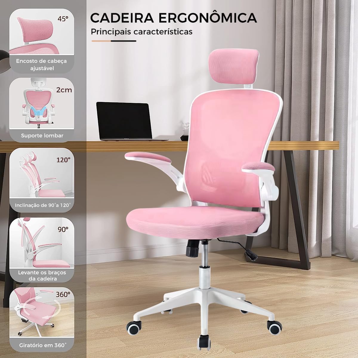 Cadeira de escritório ergonômica com estofado de mesh(Preto)