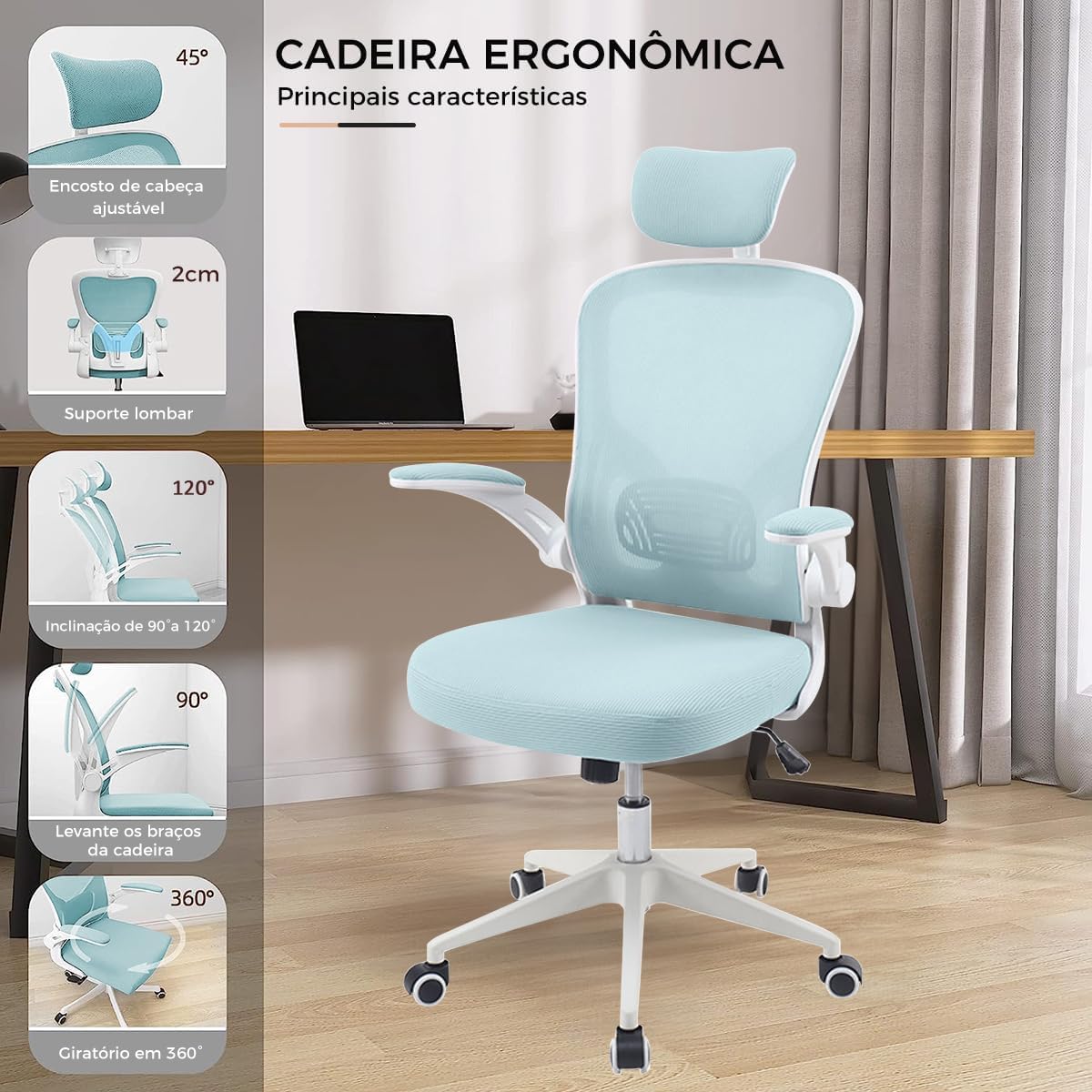 Cadeira de escritório ergonômica com estofado de mesh(Preto)