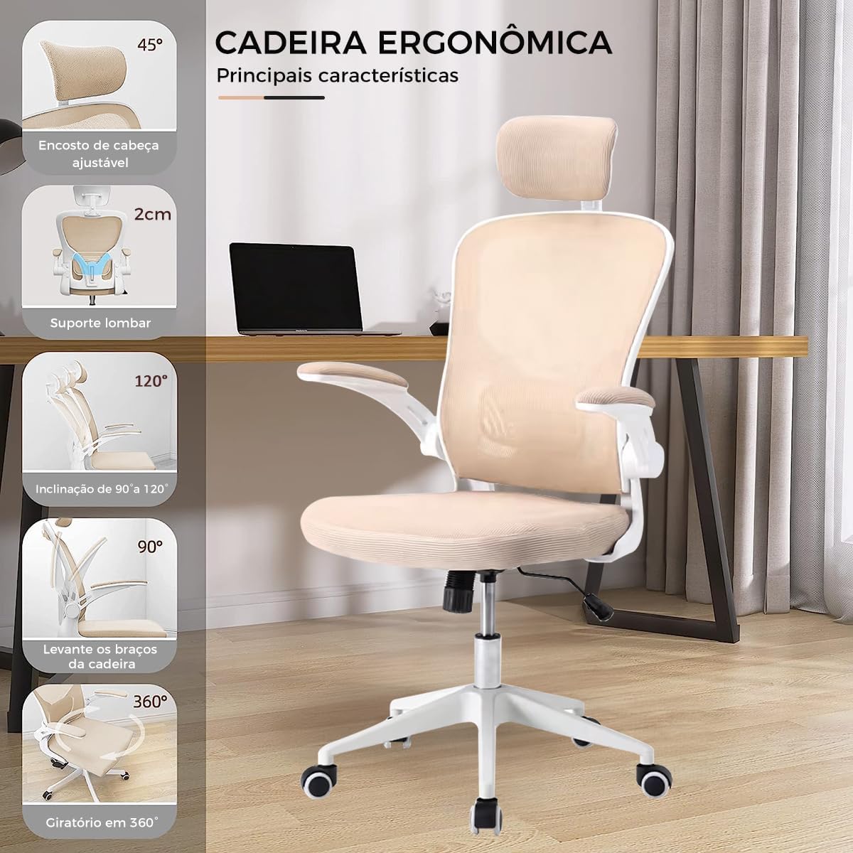 Cadeira de escritório ergonômica com estofado de mesh(Preto)