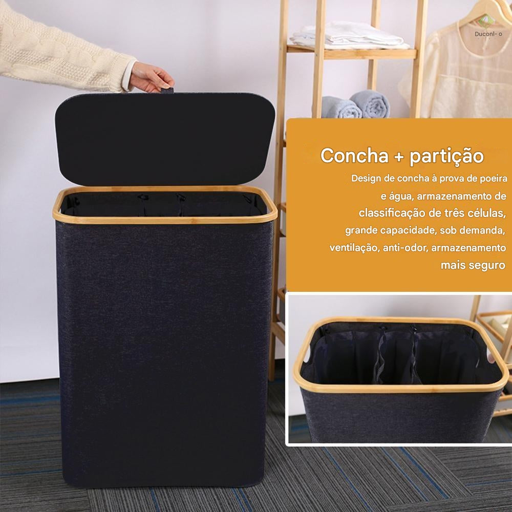 Cesto De Roupa Suja 160L Com Tampa Grande Dobrável 3 Divisórias
