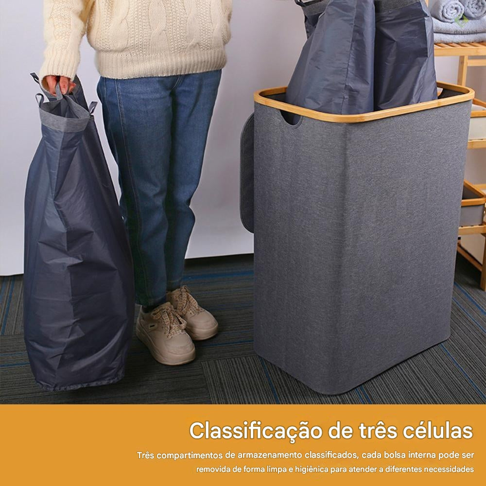 Cesto De Roupa Suja 160L Com Tampa Grande Dobrável 3 Divisórias