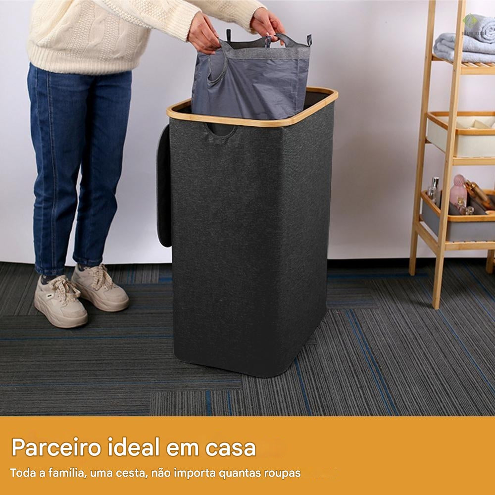 Cesto De Roupa Suja 160L Com Tampa Grande Dobrável 3 Divisórias