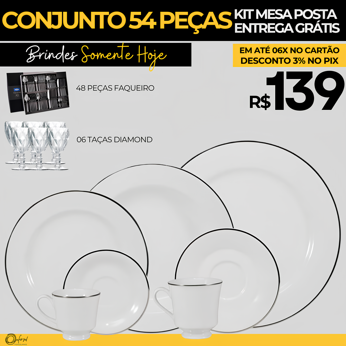 54 Peças Aparelho de Jantar em Porcelana Luxo Legacy® - OFERTA ESPECIAL 13/11