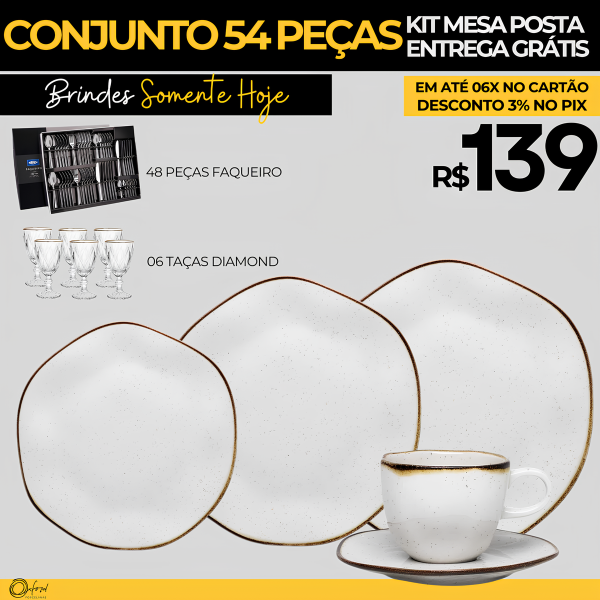 54 Peças Aparelho de Jantar em Porcelana Conjunto de Luxo Oxford® - OFERTA ESPECIAL 13/11