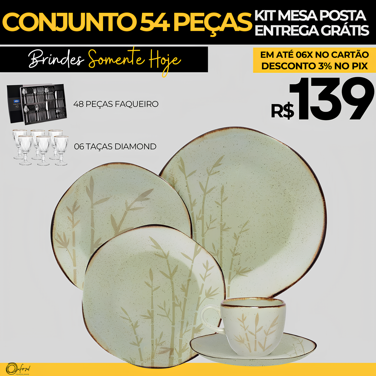 54 Peças Aparelho de Jantar em Porcelana Conjunto Bambu Oxford® - OFERTA ESPECIAL 13/11