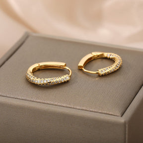 Brinco Argola Oval Cravejado Banho Dourado