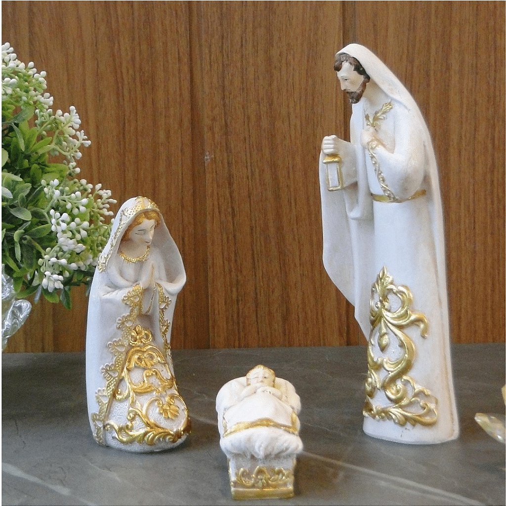 Presepio Sagrada Familia resina branco e dourado 21 cm
