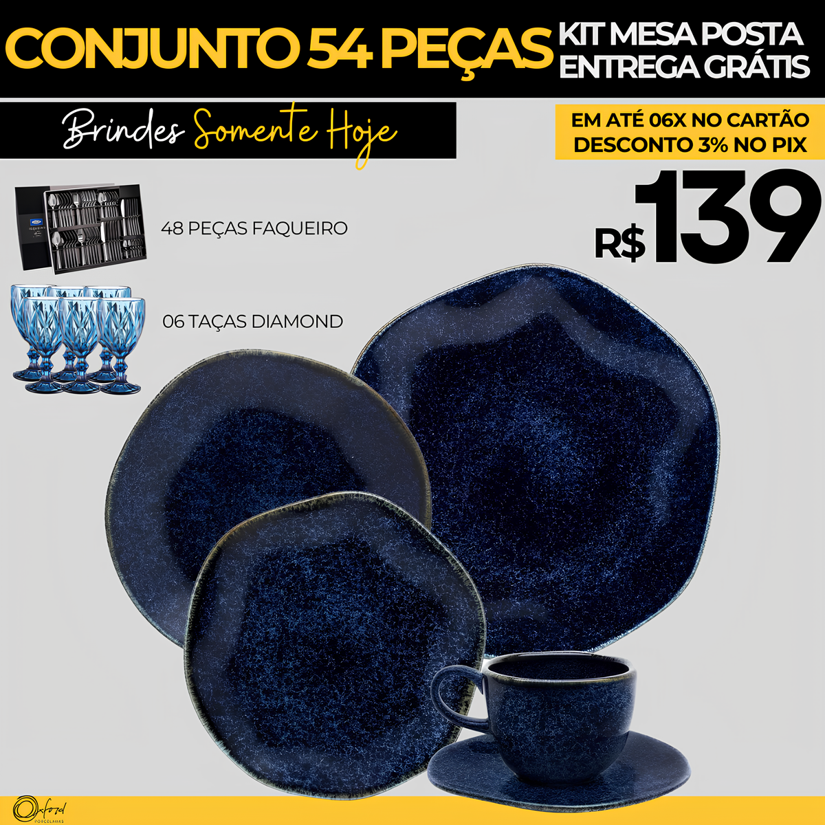 54 Peças Aparelho de Jantar em Porcelana Conjunto de Luxo Safira Oxford® - OFERTA ESPECIAL 13/11